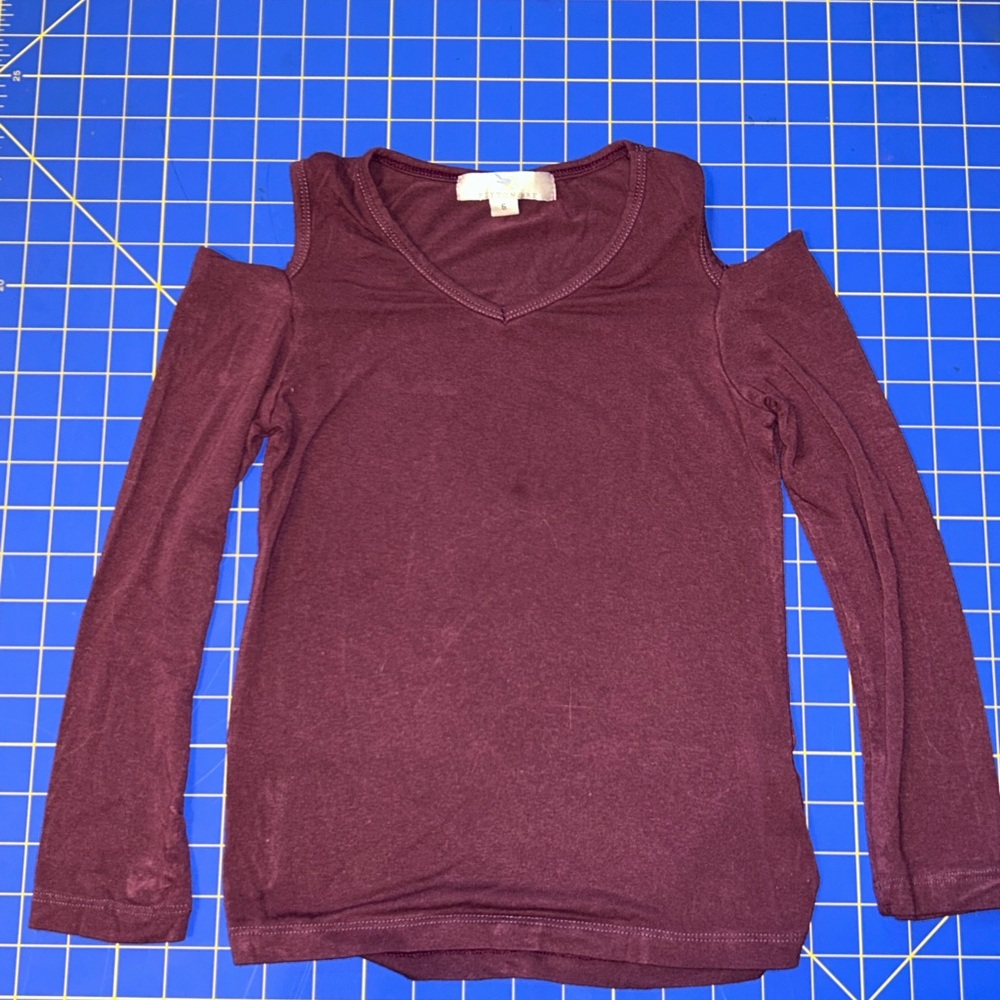 Girls Burgundy Long Sleeve Cold Shoulder Top